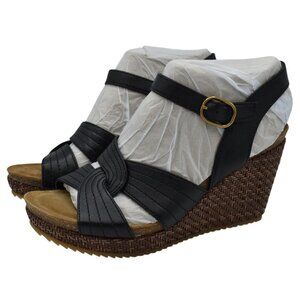 Sofft Womens Size 10 Clarissa Black Leather Wedge Woven Open Toe Sandals Shoes